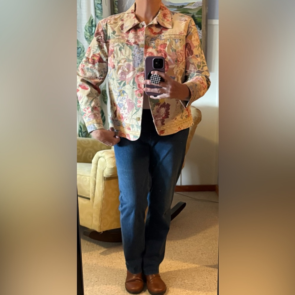 Coldwater Creek Multicolor Floral Cotton Twill Jacket w Crochet Embellishment - Picture 12 of 12